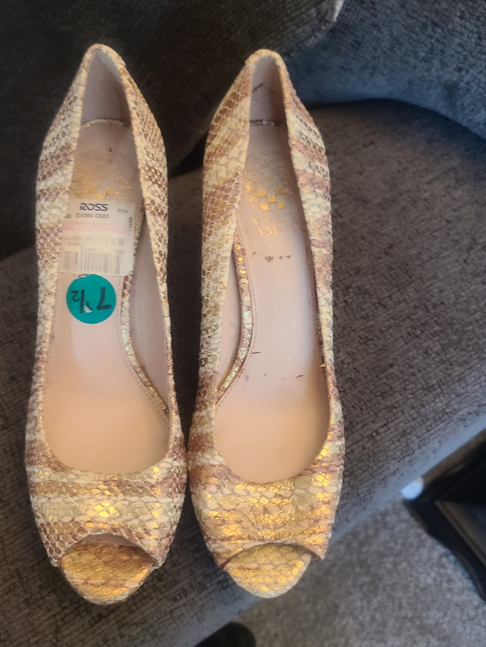 Vince Camuto Metallic Snake-Print Peep-Toe Pumps in Gold and Cream